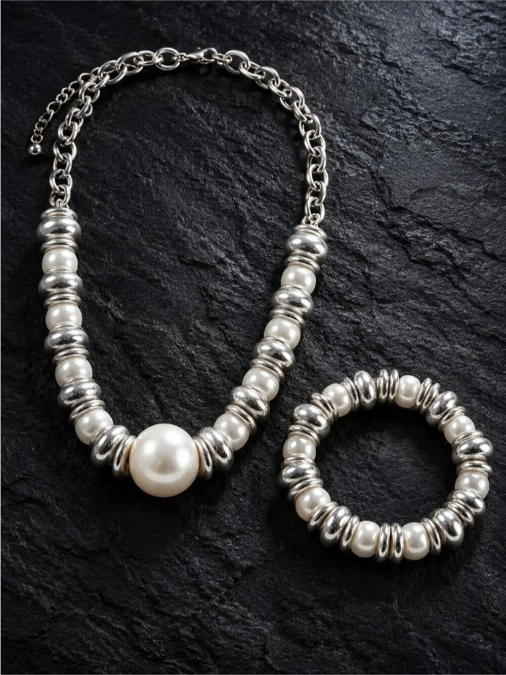 Silver tone and Pearl accent Statement Necklace & Bracelet Set